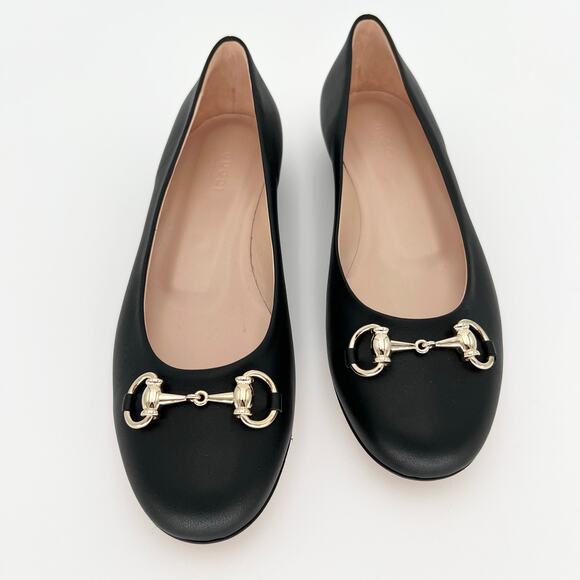 GUCCI Horsebit Ballet Flat Size EU 37.5 US 7.5 Black Leather Buckle Ballerina - Picture 1 of 12